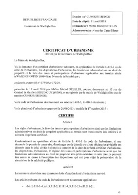 Certificat d'urbanisme établi pour Maître Michel STEHLIN