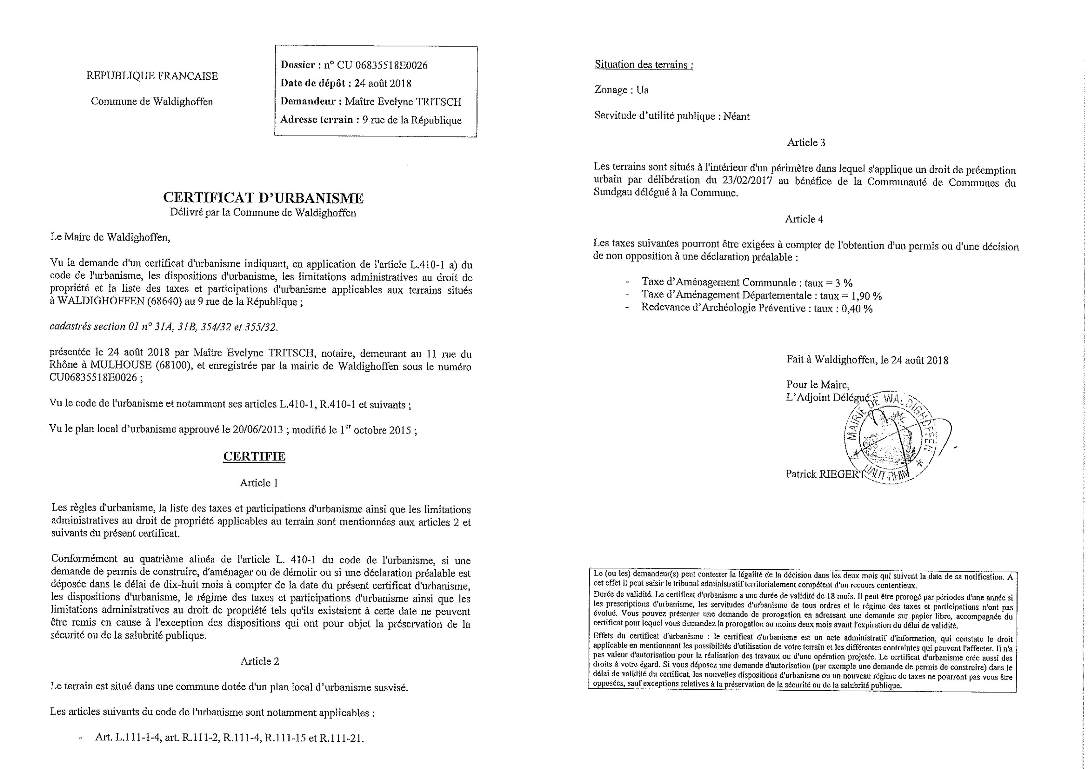 Certificat d'urbanisme établi pour Maître Tritsch, notaire