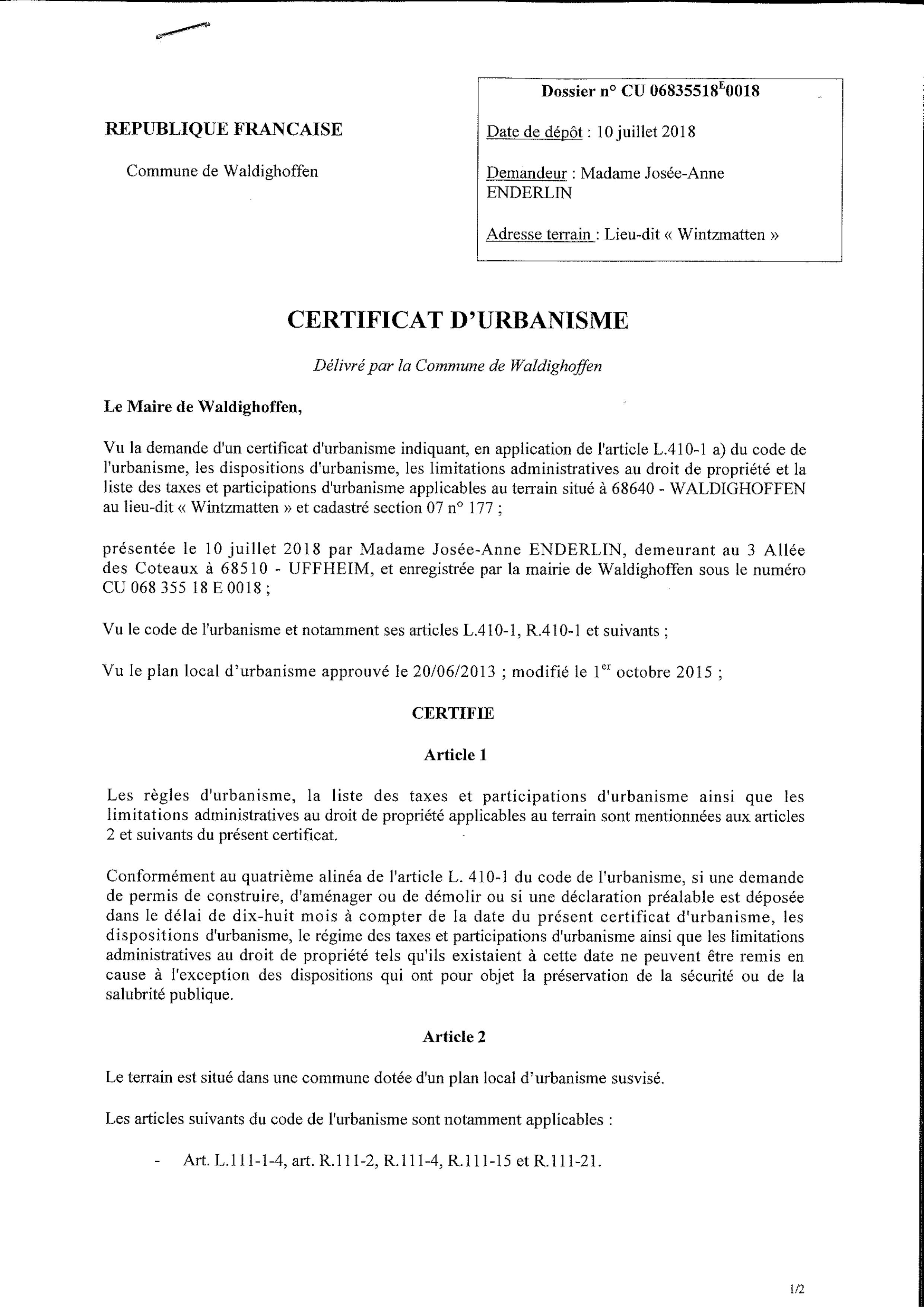 Certificat d'urbanisme établi pour Mme Enderlin