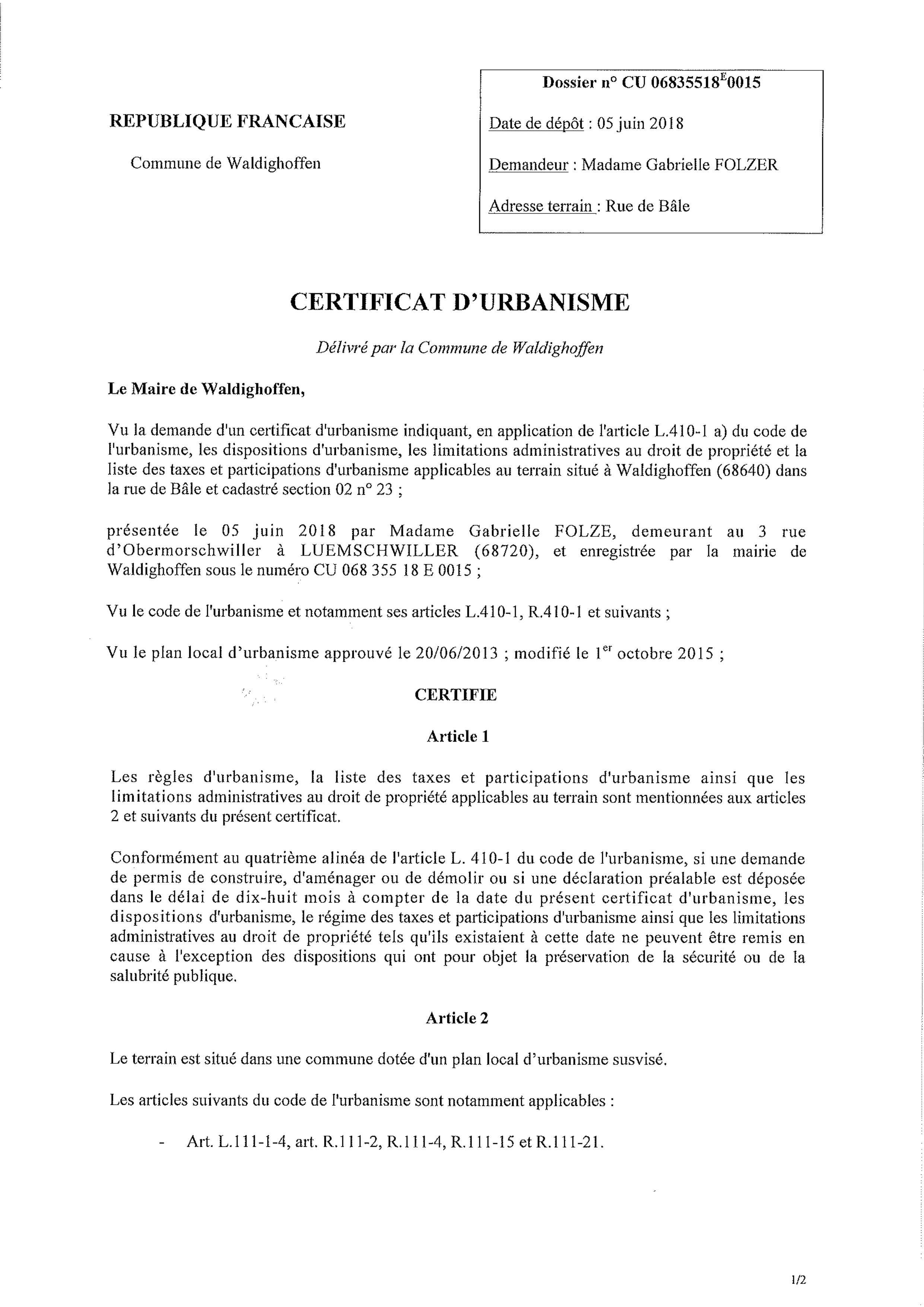 Certificat d'urbanisme établi pour Mme FOLZER