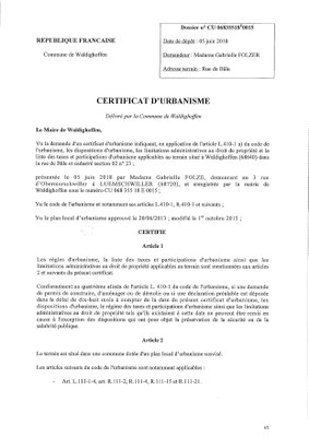 Certificat d'urbanisme établi pour Mme FOLZER