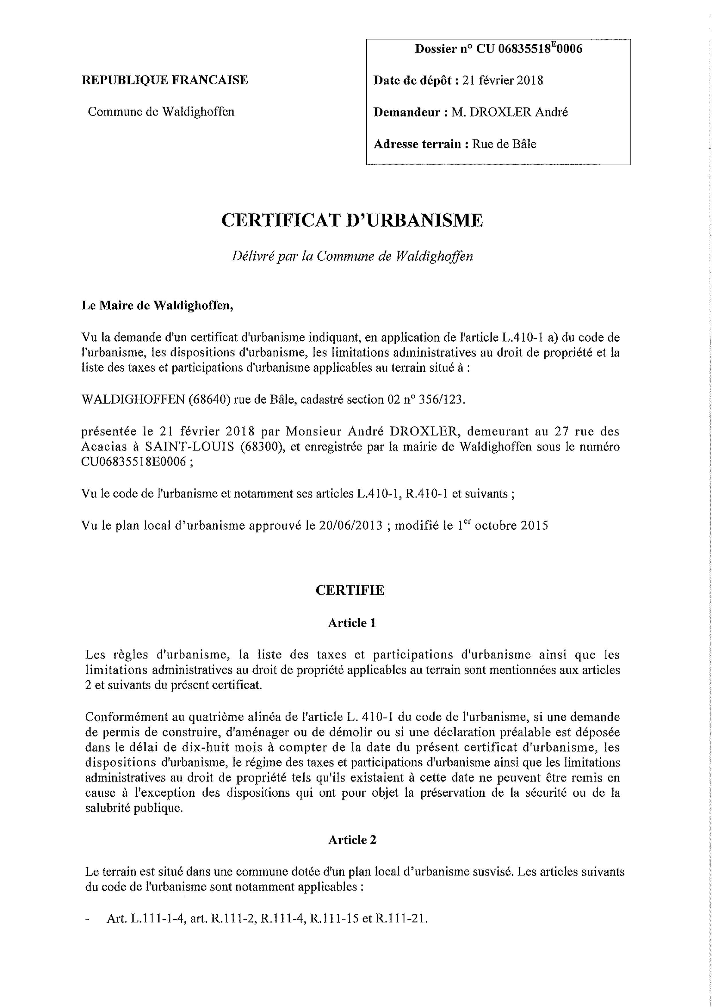 Certificat d'urbanisme établi pour Monsieur André DROXLER