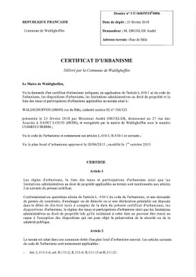 Certificat d'urbanisme établi pour Monsieur André DROXLER