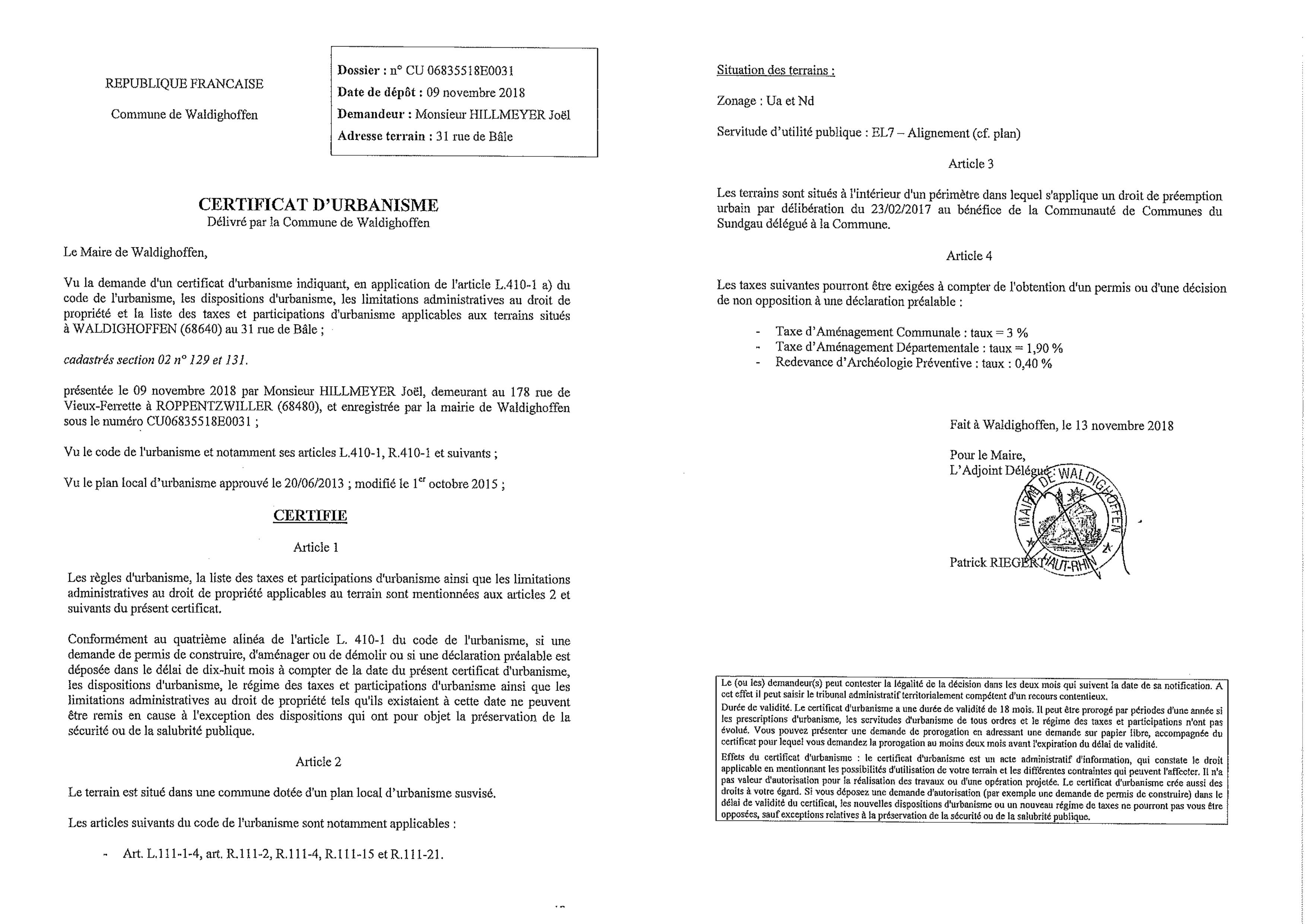 Certificat d'urbanisme établi pour Monsieur Hillmeyer
