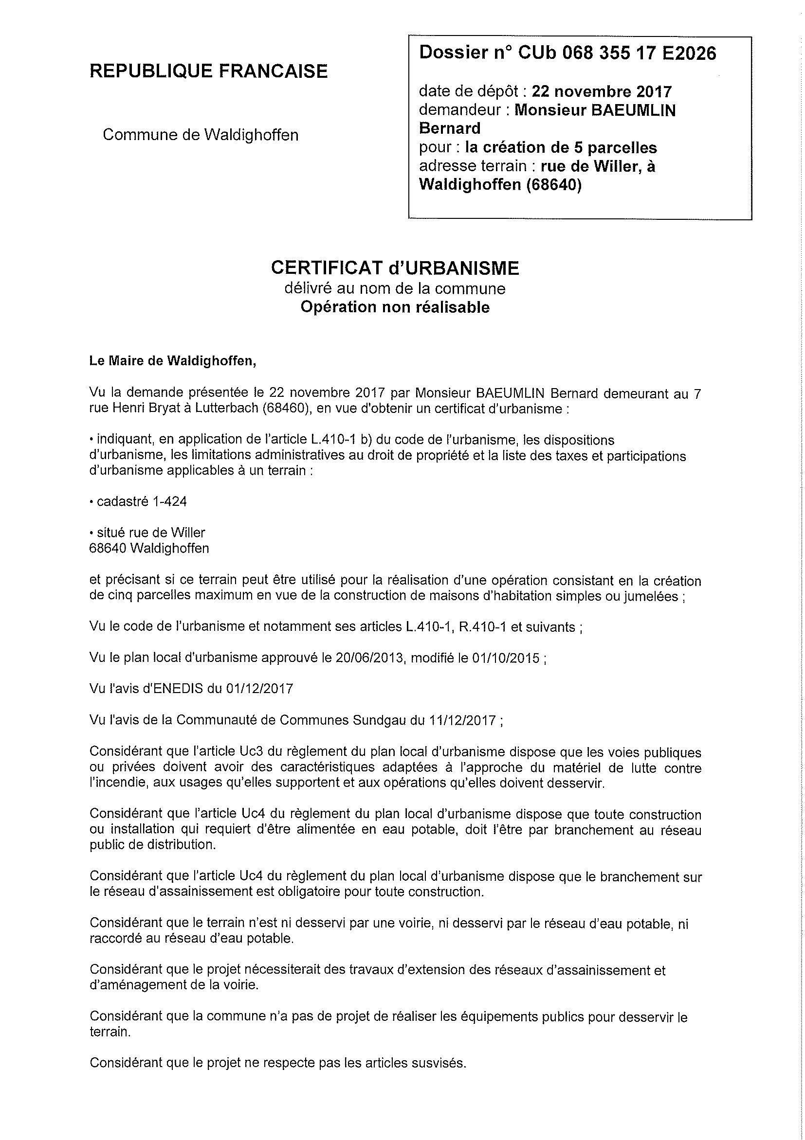 Certificat d'urbanisme opérationnel délivré à M. BAEUMLIN Bernard