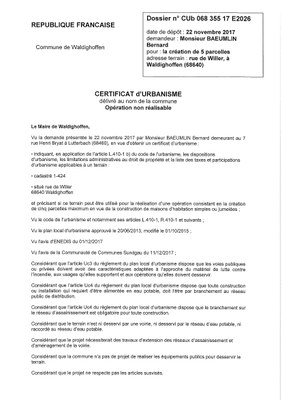 Certificat d'urbanisme opérationnel délivré à M. BAEUMLIN Bernard