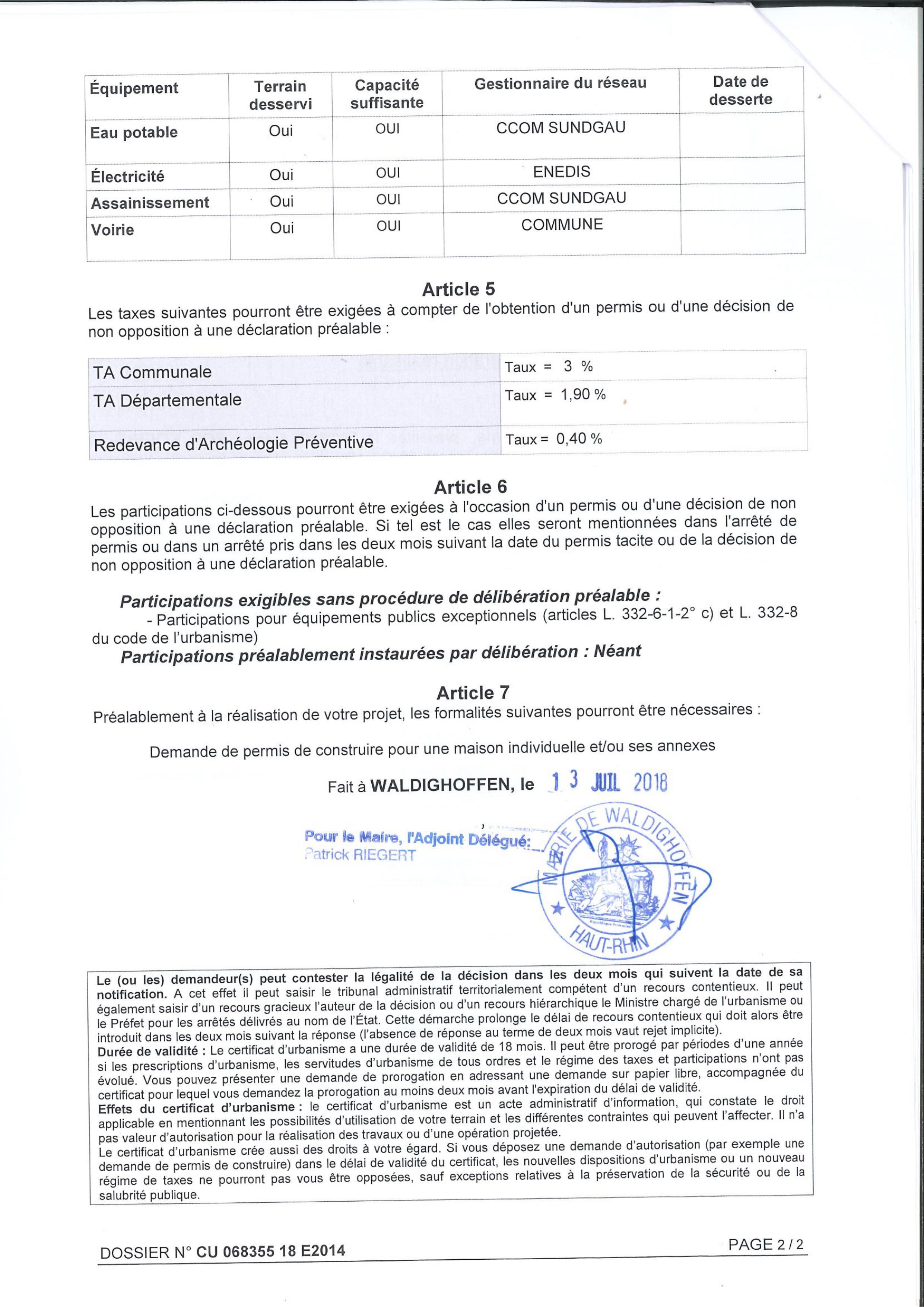 Certificat d'urbanisme opérationnel établi pour la SCP Koenig et Baeumlin, office notarial