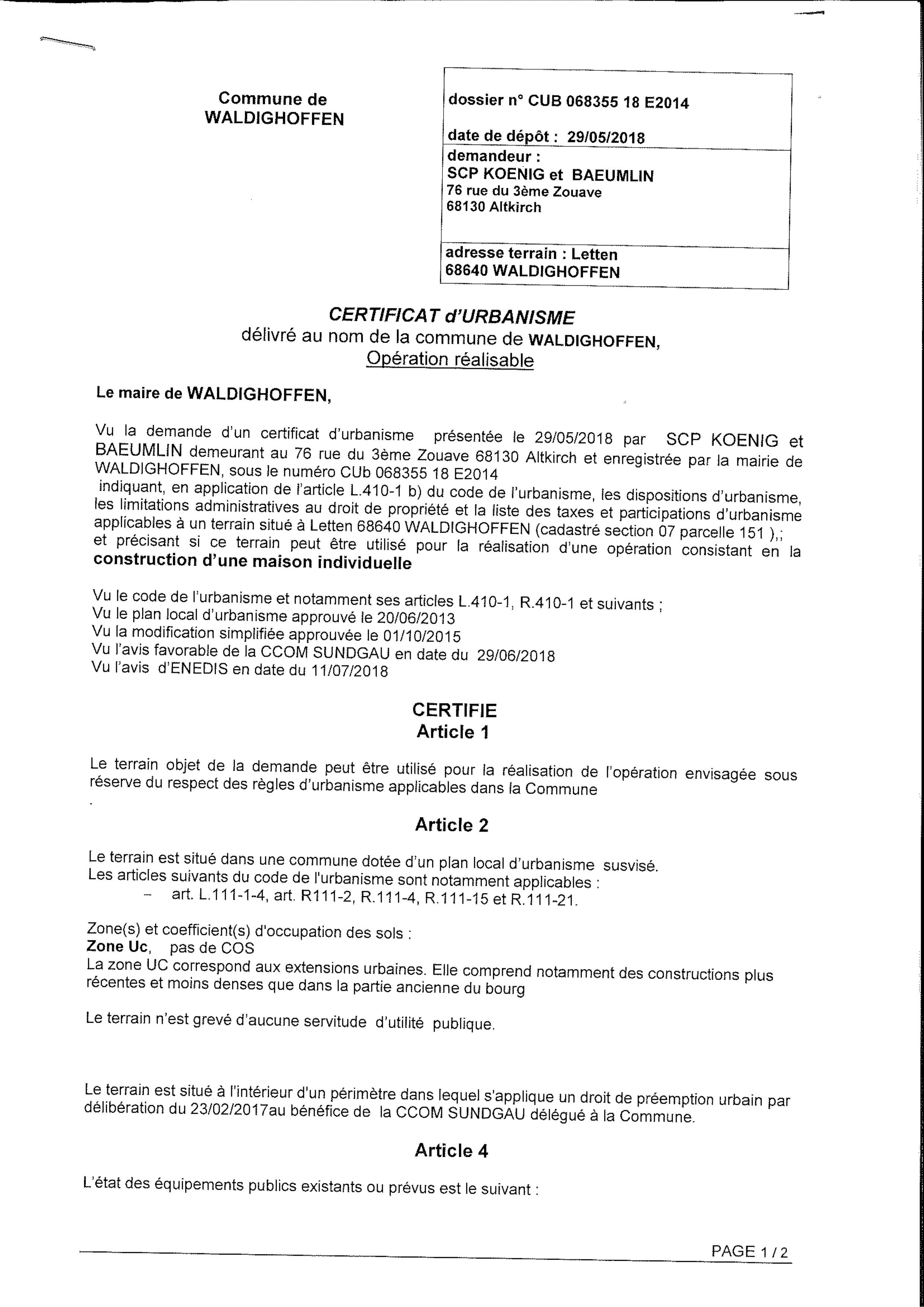 Certificat d'urbanisme opérationnel établi pour la SCP Koenig et Baeumlin, office notarial