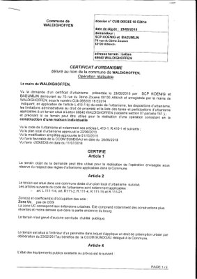 Certificat d'urbanisme opérationnel établi pour la SCP Koenig et Baeumlin, office notarial