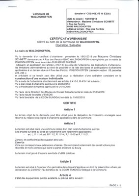 Certificat d'urbanisme opérationnel établi pour Madame Christiane SCHMITT