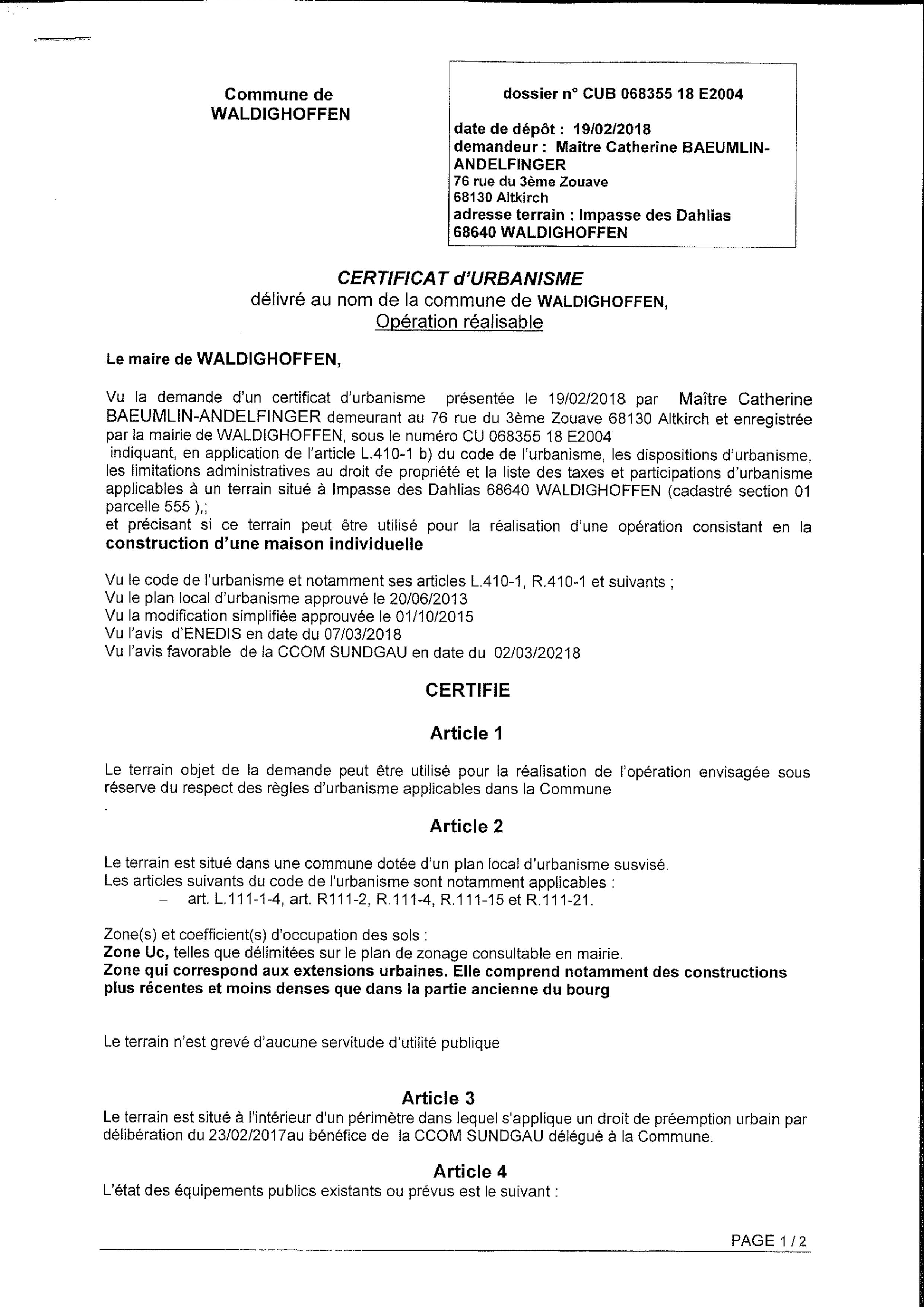 Certificat d'urbanisme opérationnel établi pour Maître Catherine BAEUMLIN-ANDELFINGER