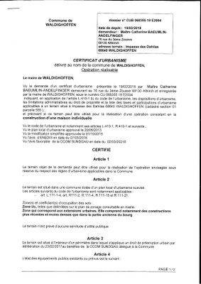 Certificat d'urbanisme opérationnel établi pour Maître Catherine BAEUMLIN-ANDELFINGER