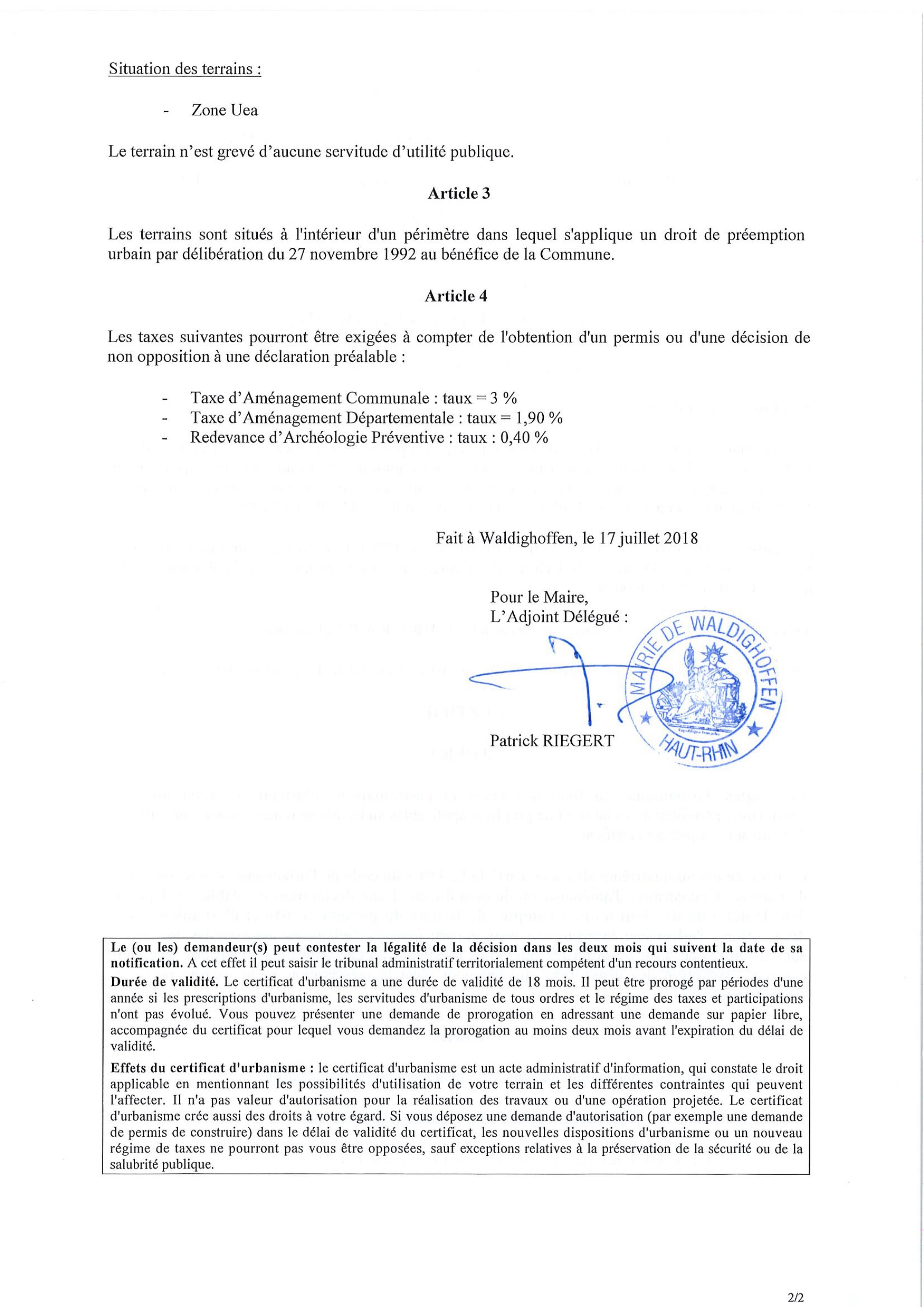 Certificat d'urbanisme établi pour Maître Thuet, notaire