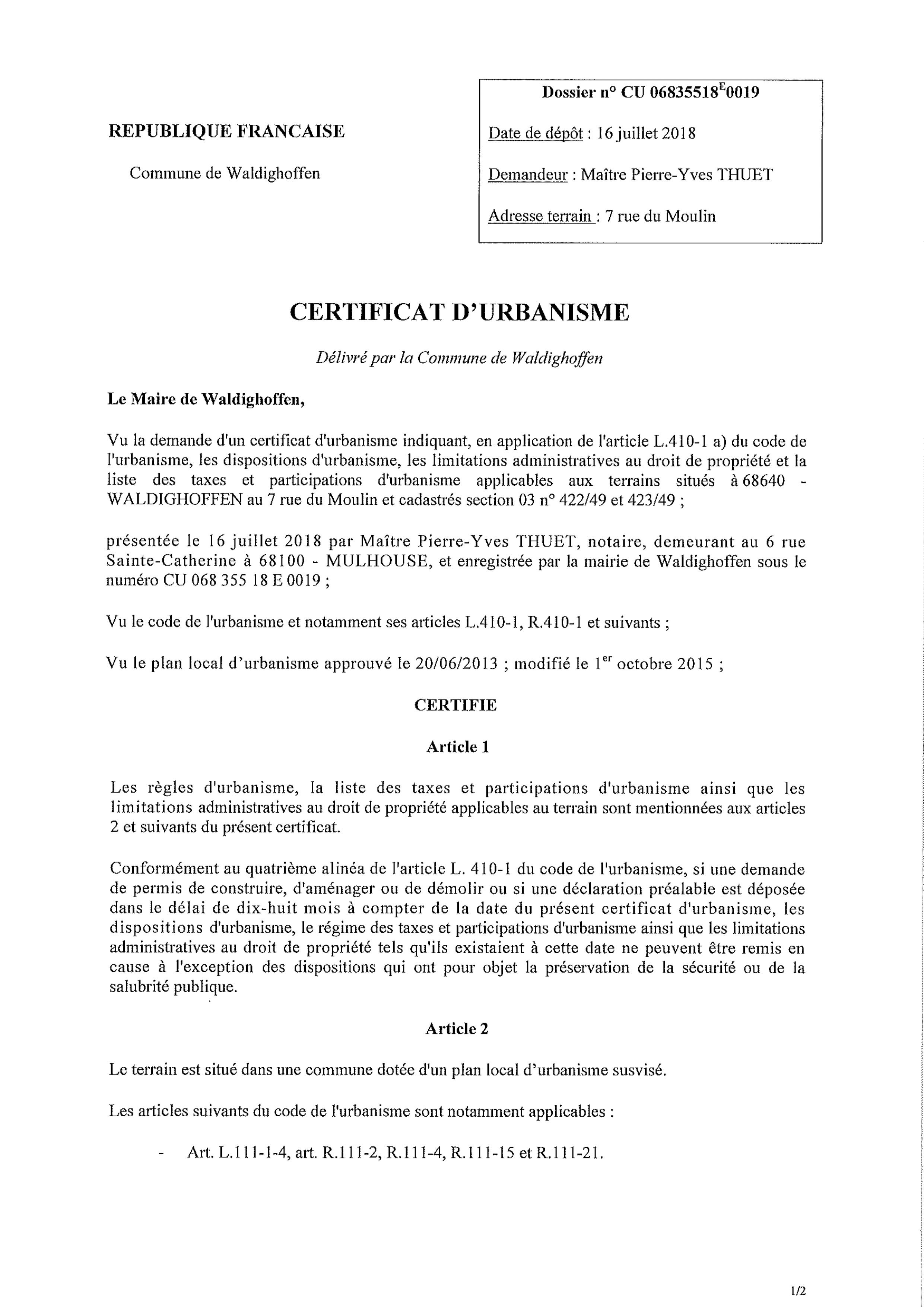 Certificat d'urbanisme établi pour Maître Thuet, notaire