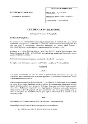 Certificat d'urbanisme établi pour Maître Thuet, notaire