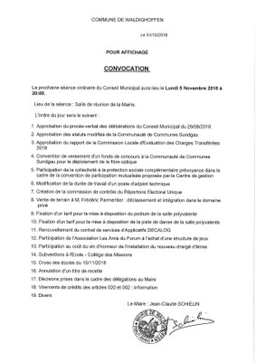 Convocation du Conseil Municipal le lundi 05 novembre 2018