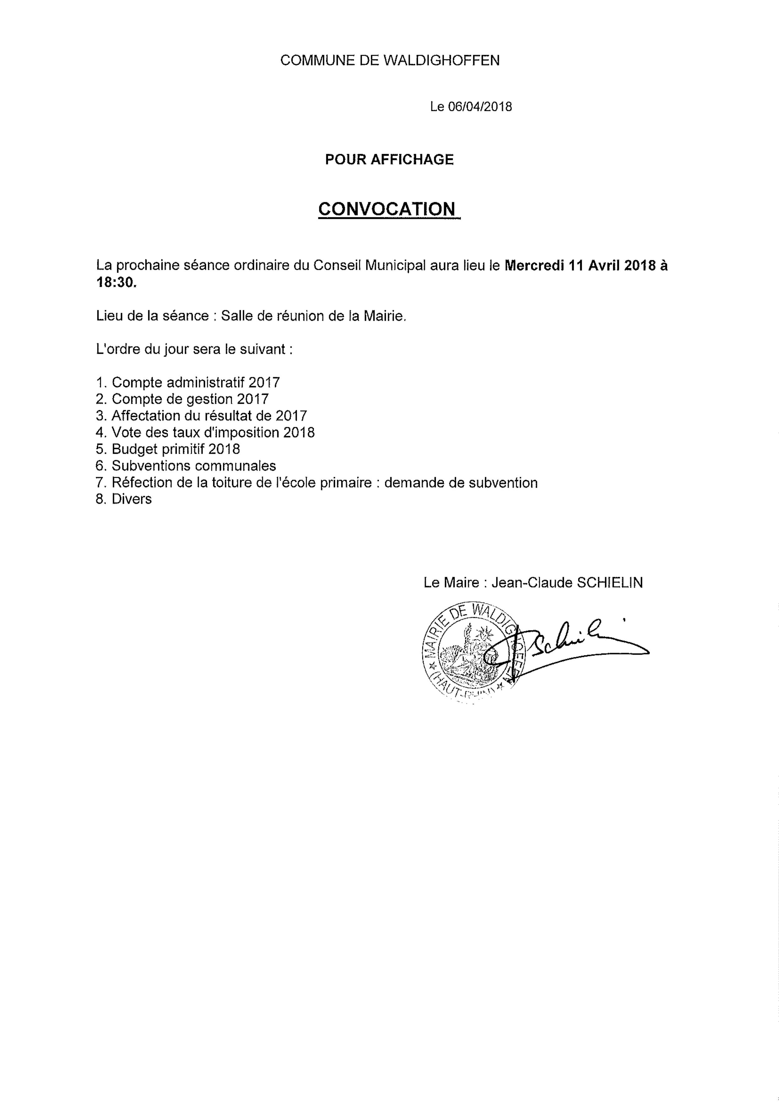 Convocation du Conseil Municipal le mercredi 11 avril 2018