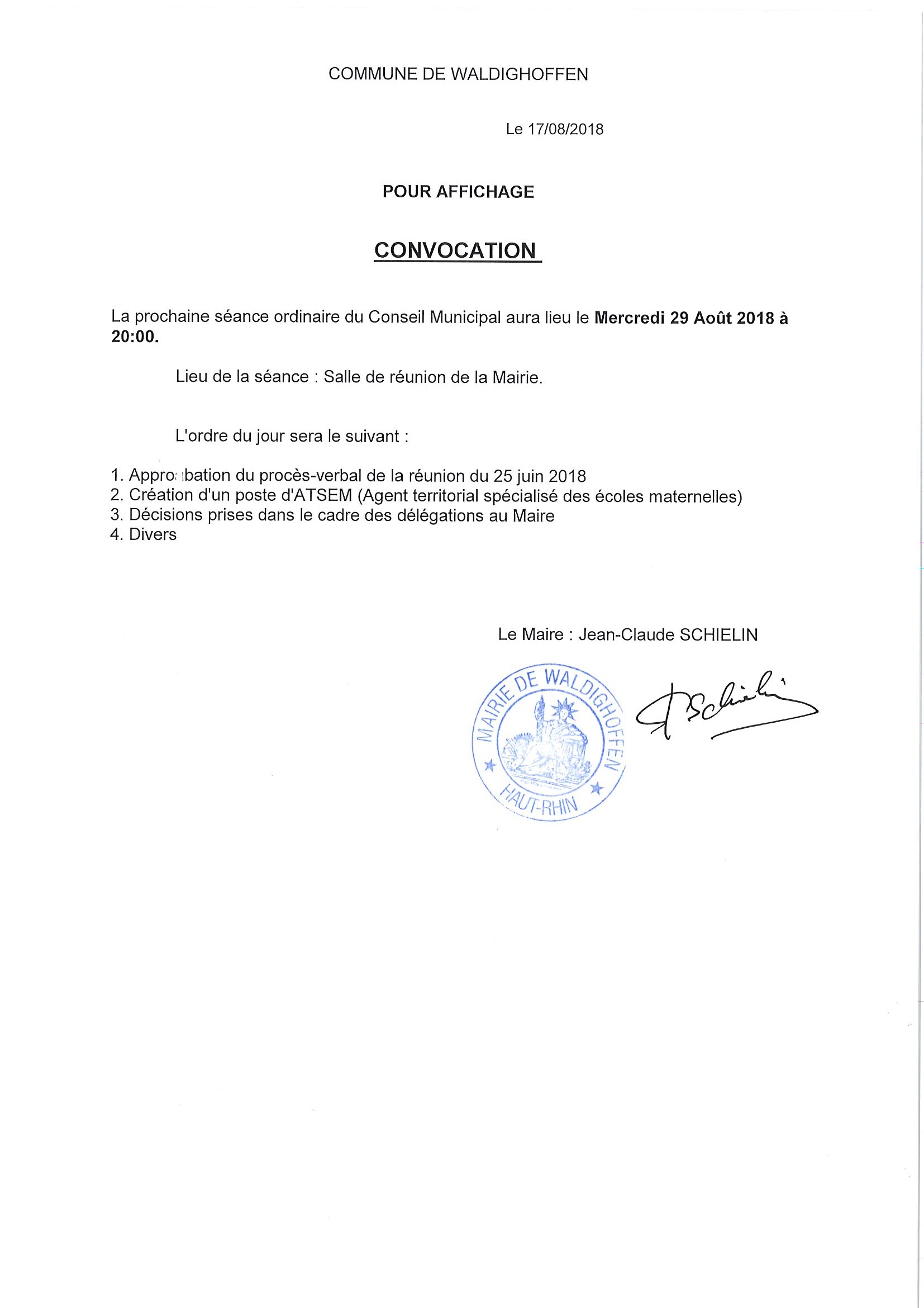 Convocation du Conseil Municipal le mercredi 29 août 2018