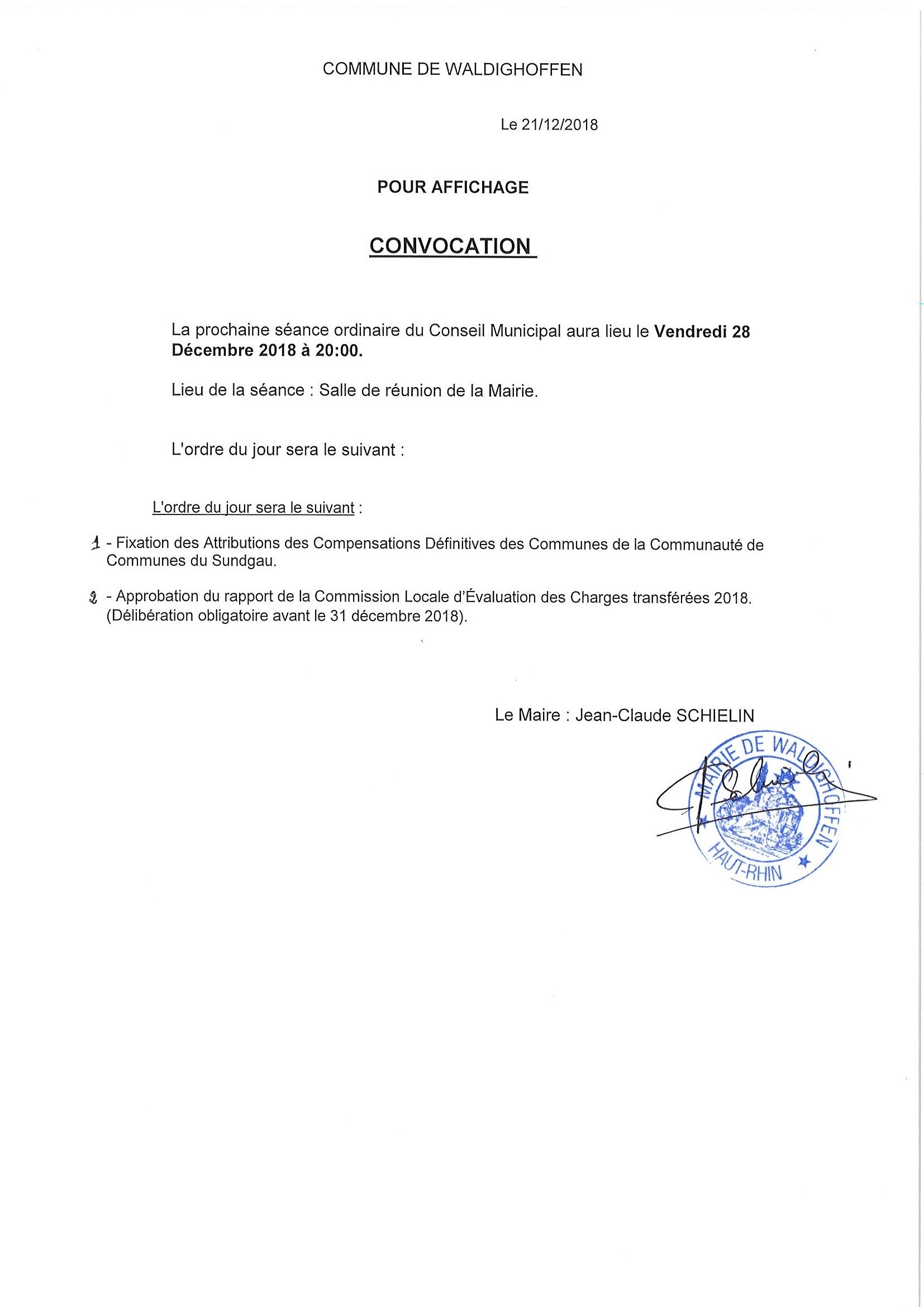 Convocation du Conseil Municipal le vendredi 28 décembre 2018