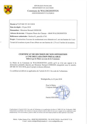 Décision à la déclaration préalable de M. JOERGER