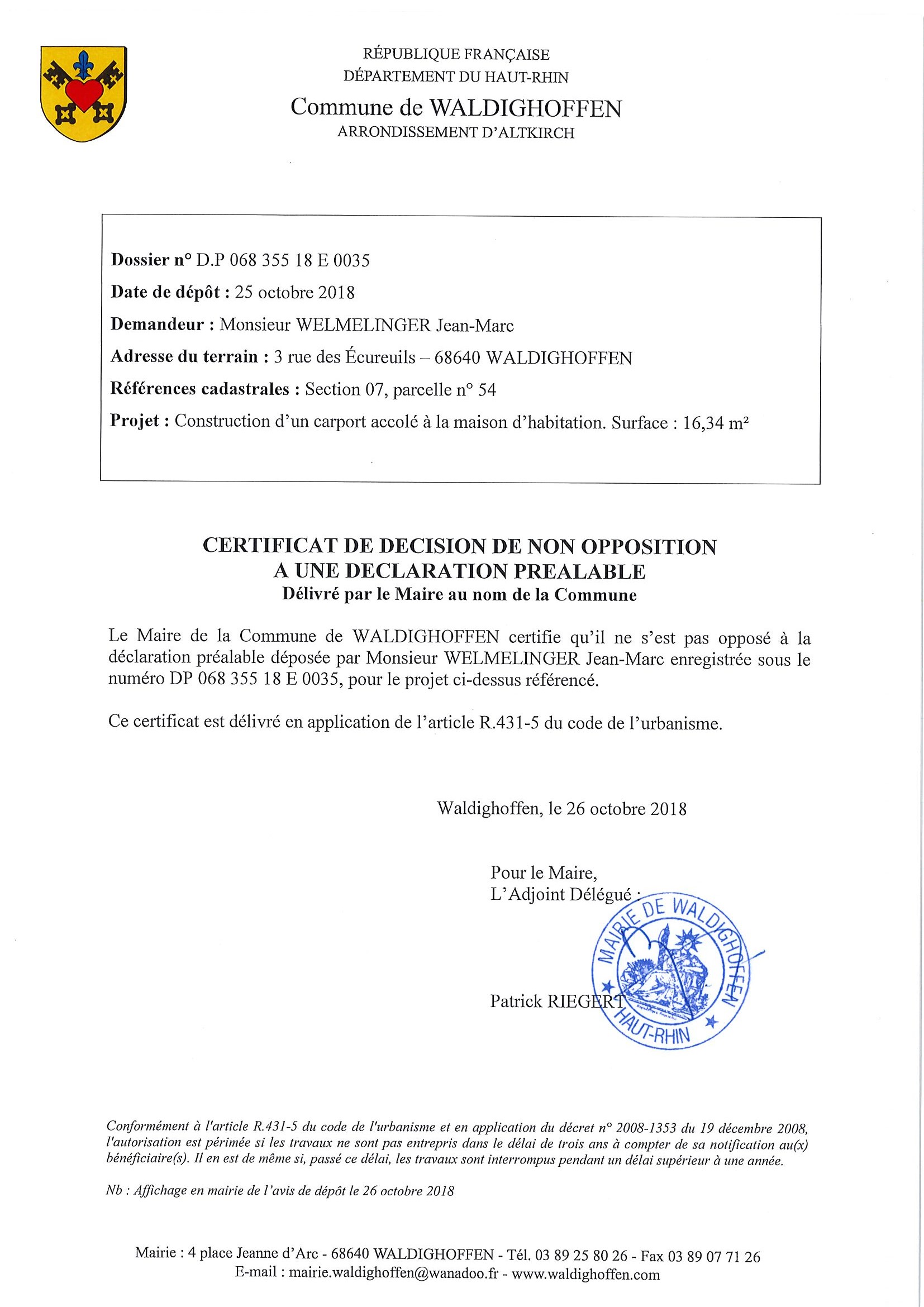 Décision à la demande d'autorisation de M. Welmelinger Jean-Marc