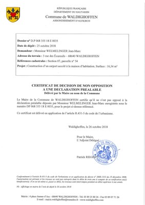 Décision à la demande d'autorisation de M. Welmelinger Jean-Marc