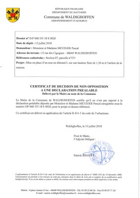 Décision à la demande d'autorisation de travaux à M. et Mme METZGER Pascal