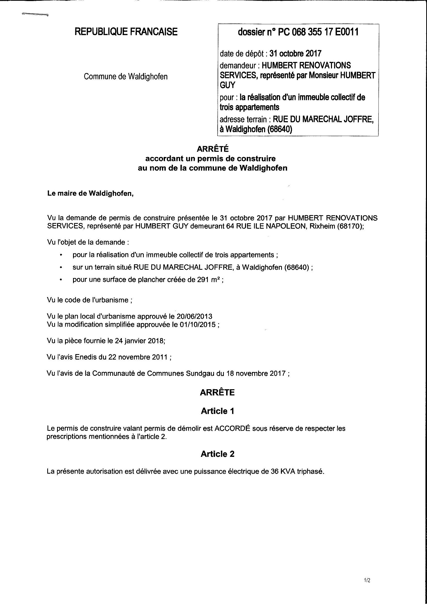 Décision à la demande de construire de la Sàrl Humbert rénovation services