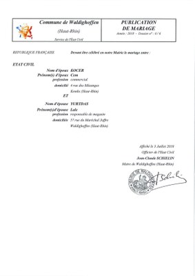 Publication de mariage entre M. KOCER Cem et Mme YURTDAS Lale