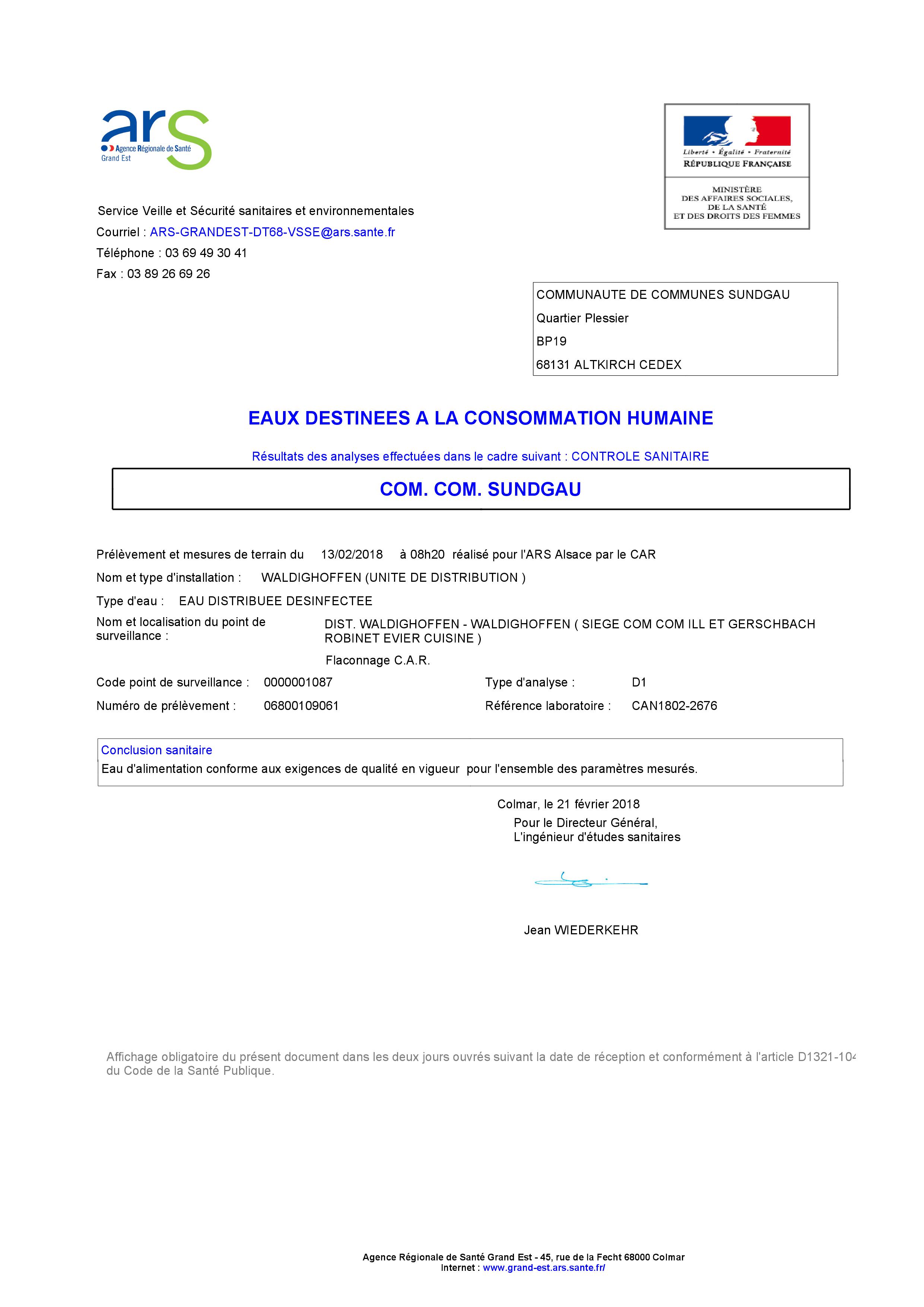 Rapport d'analyse d'eau potable