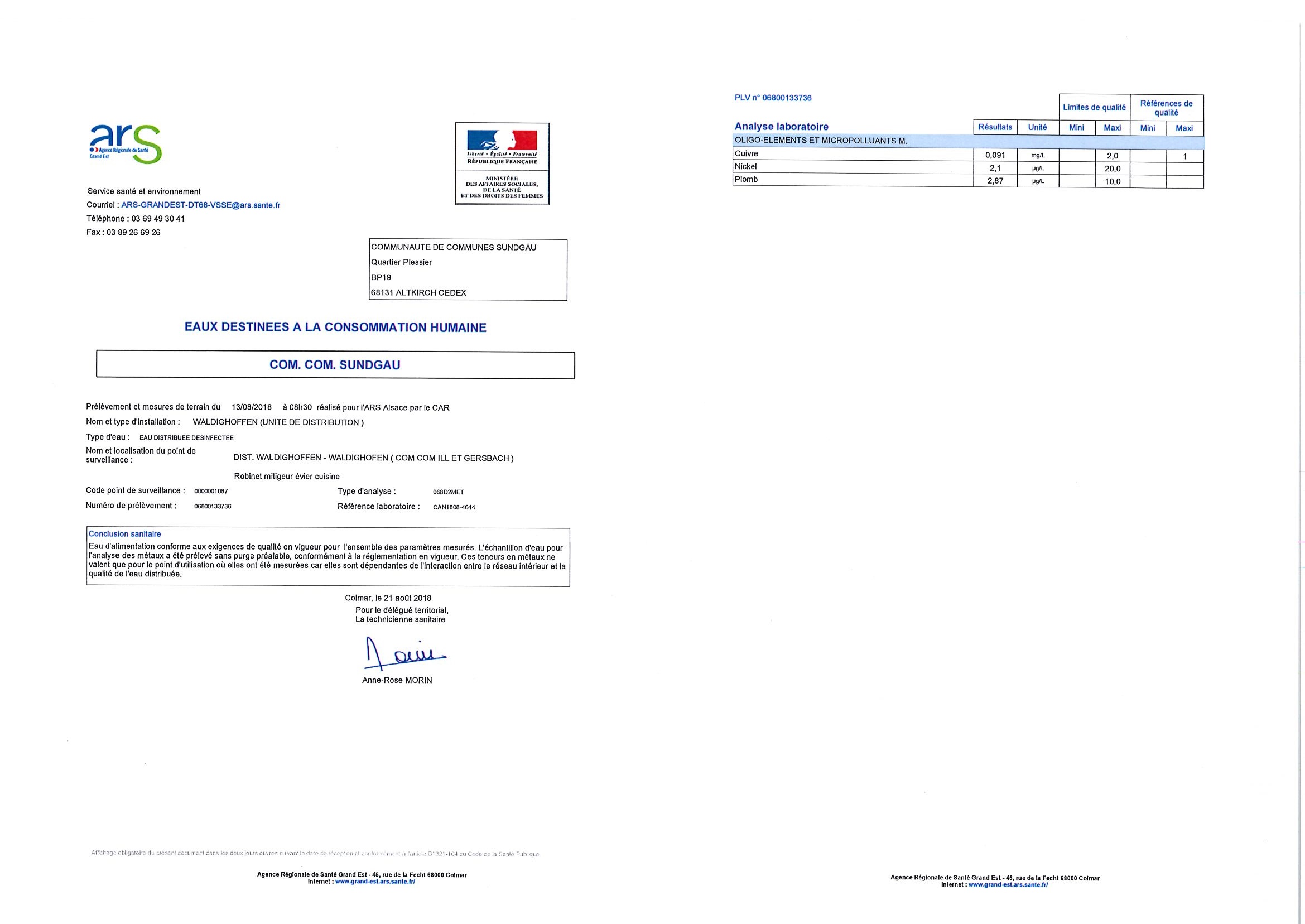 Rapports d'analyse d'eau potable