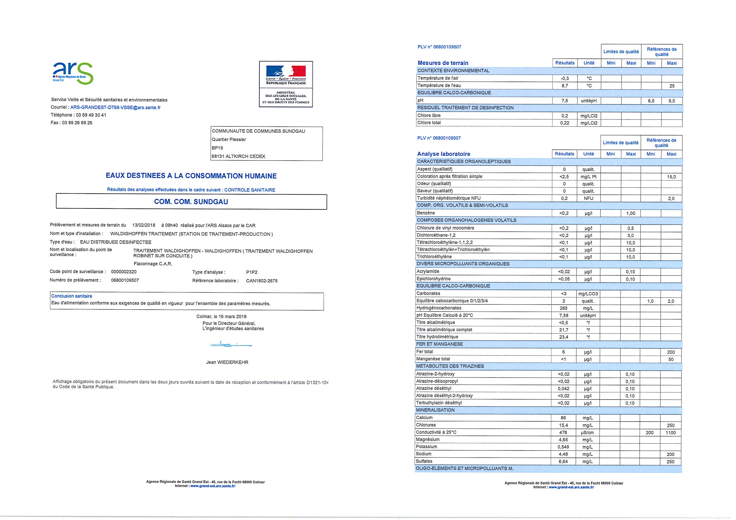 Rapports d'analyses d'eau potable