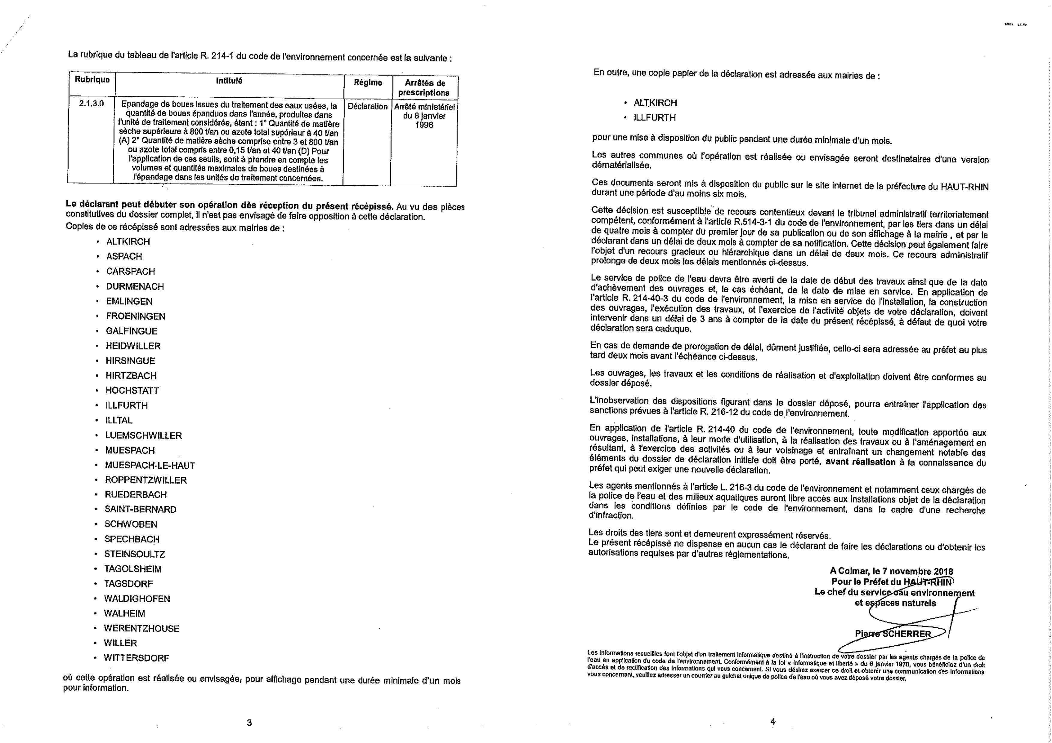 Récépissé d'un dépôt de déclaration de travaux par la Communauté de Communes du Sundgau