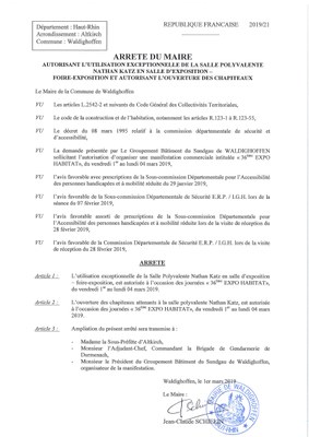 Arrêté du Maire autorisant l'utilisation de la salle polyvalente en foire expo à l'occasion de l'expo-habitat