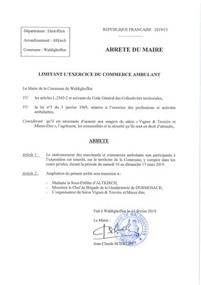 Arrêté du Maire limitant l'exercice du commerce ambulant