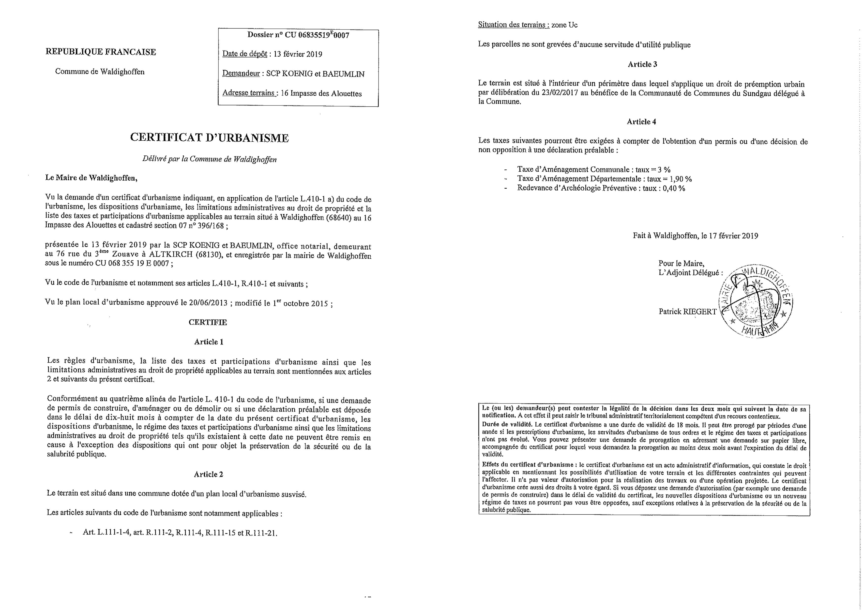 Certificat d'urbanisme établi pour la Scp Koenig et Baeumlin, office notarial