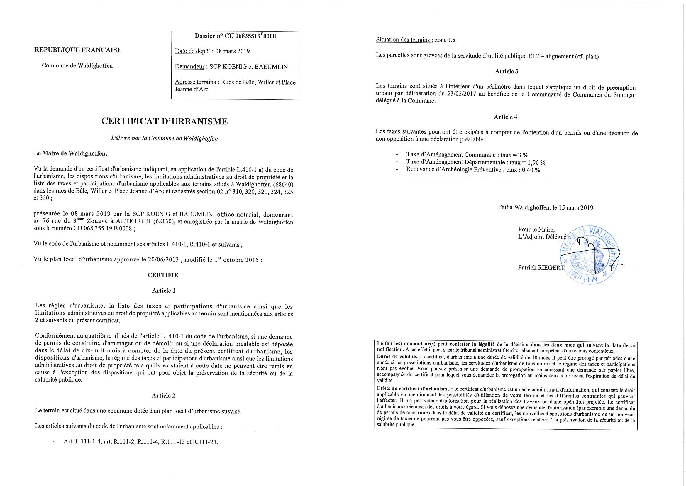 Certificat d'urbanisme établi pour la Scp Koenig et Baeumlin, office notarial