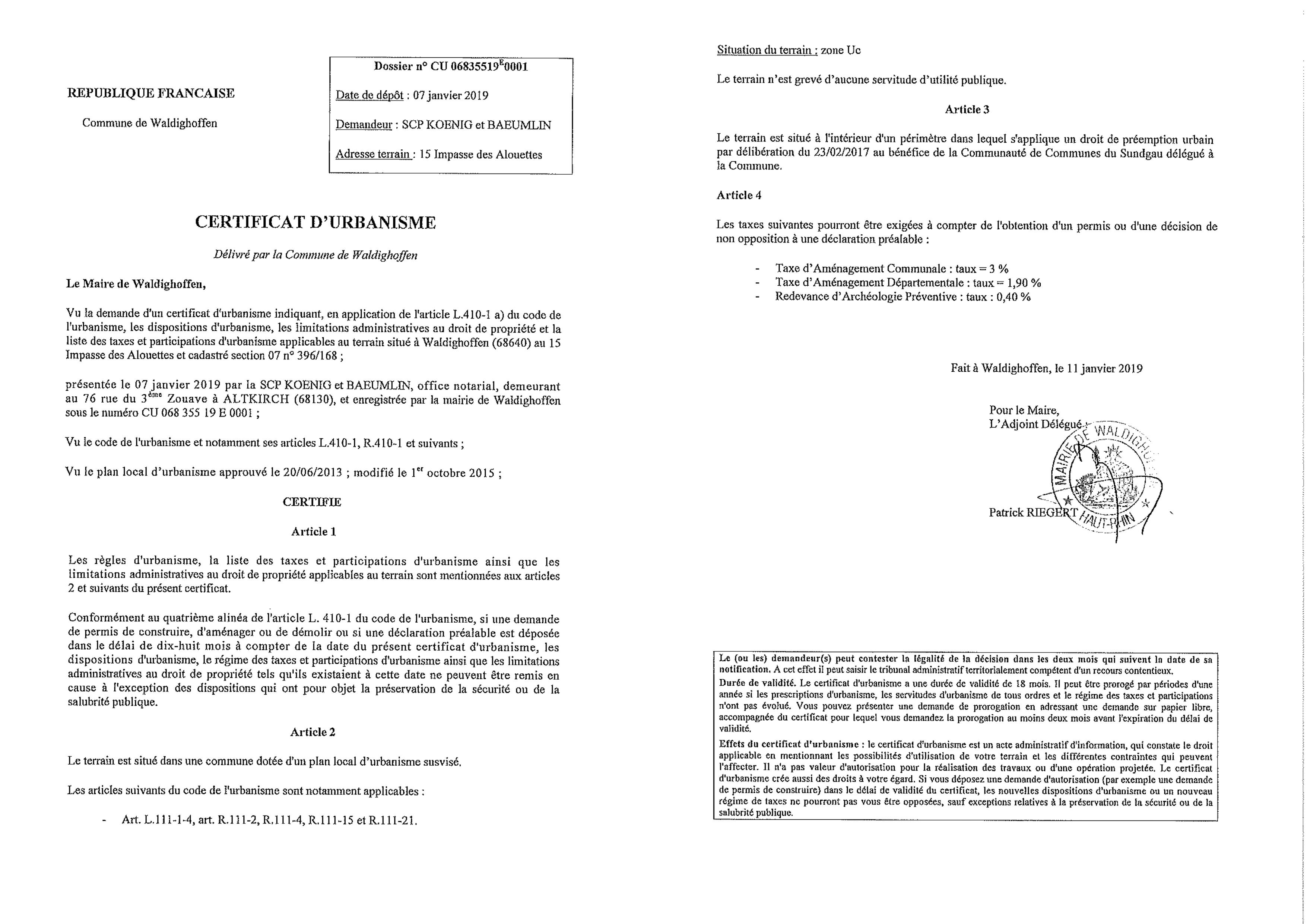 Certificat d'urbanisme établi pour la Scp Koenig et Baeumlin