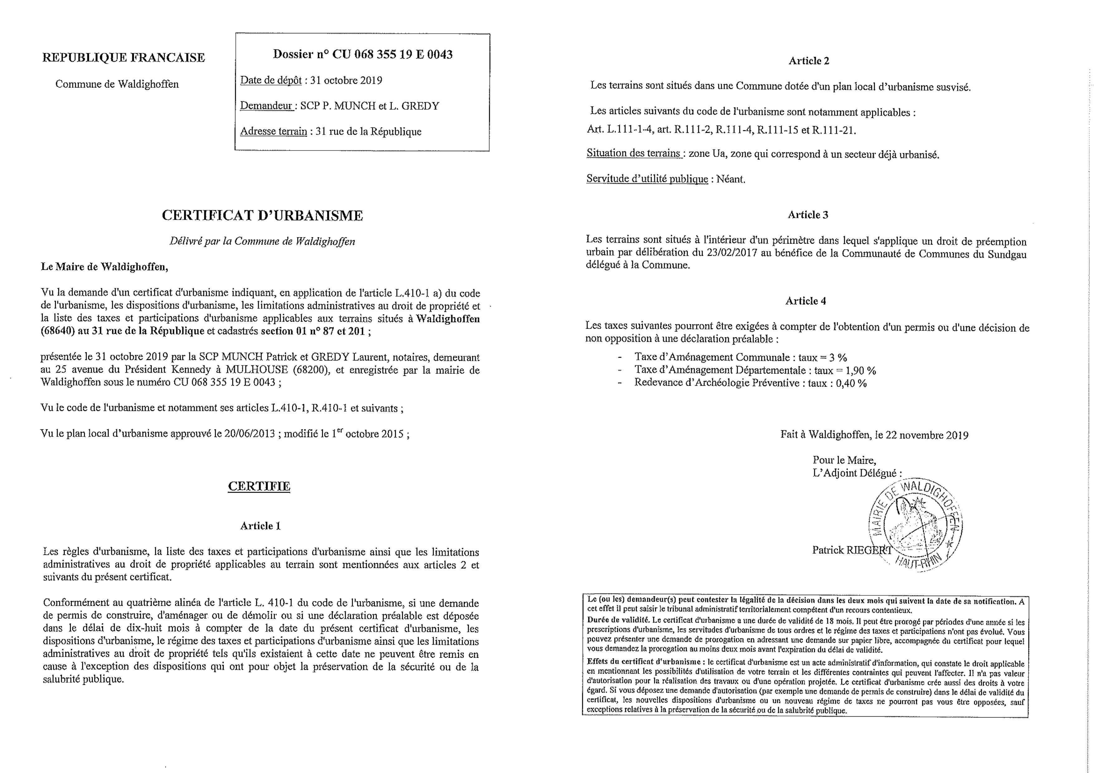 Certificat d'urbanisme établi pour la Scp Munch et Gredy