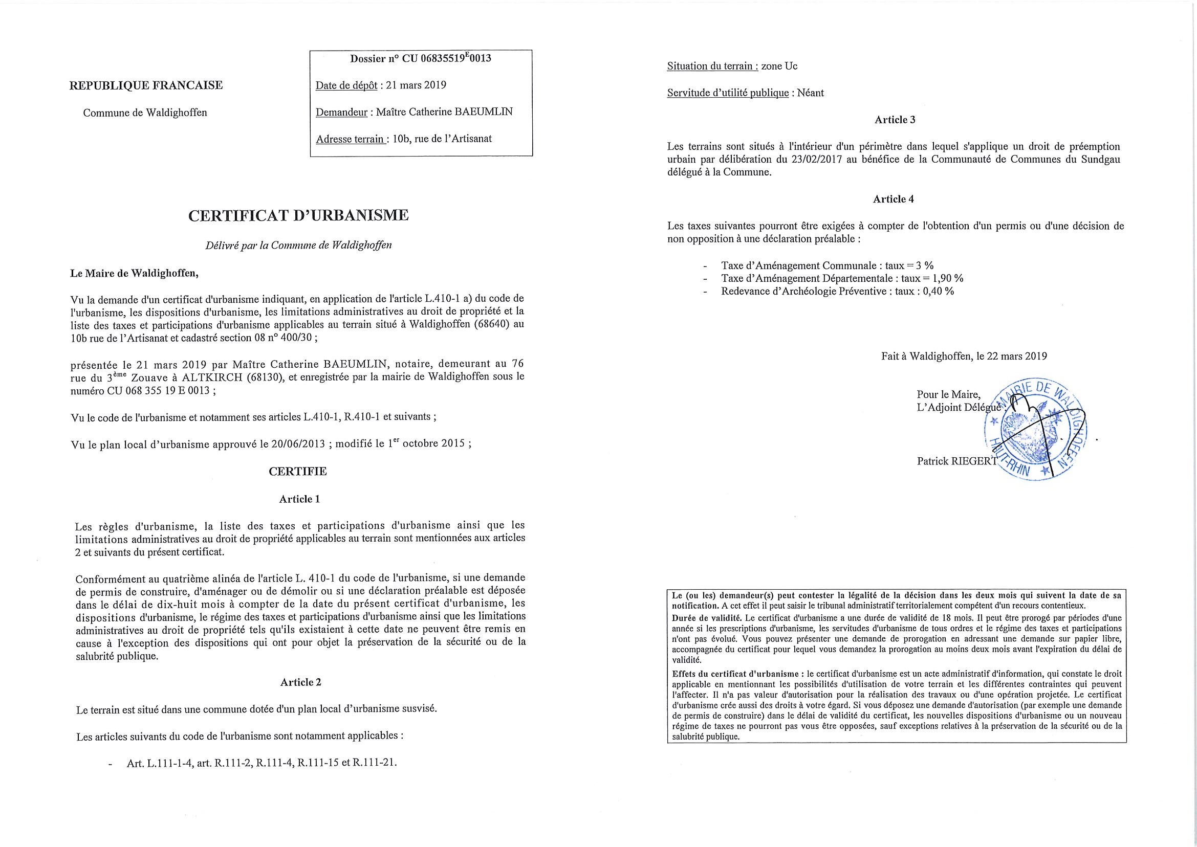 Certificats d'urbanisme établi pour Maître Catherine ANDELFINGER