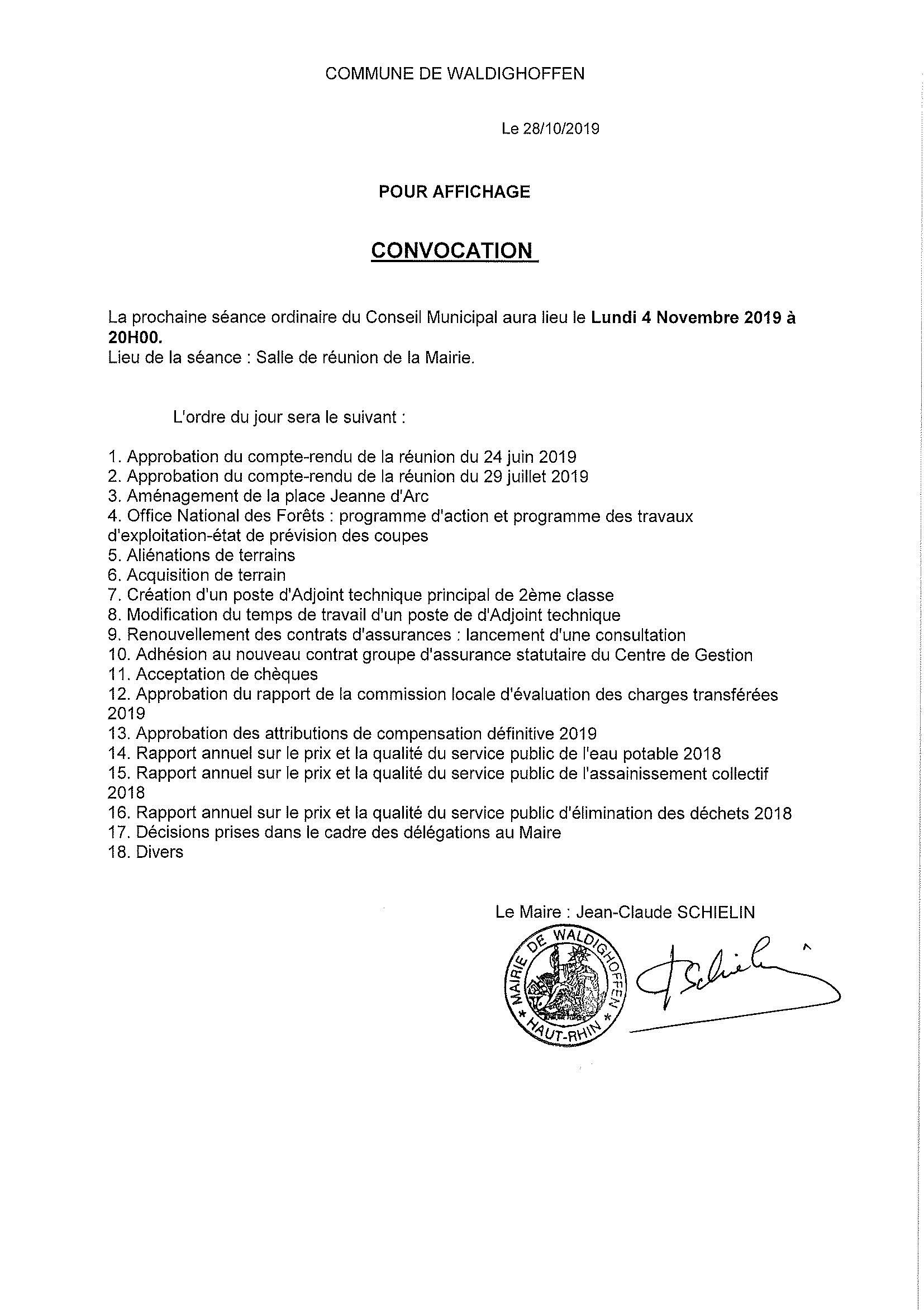 Convocation du Conseil Municipal le lundi 04 novembre 2019