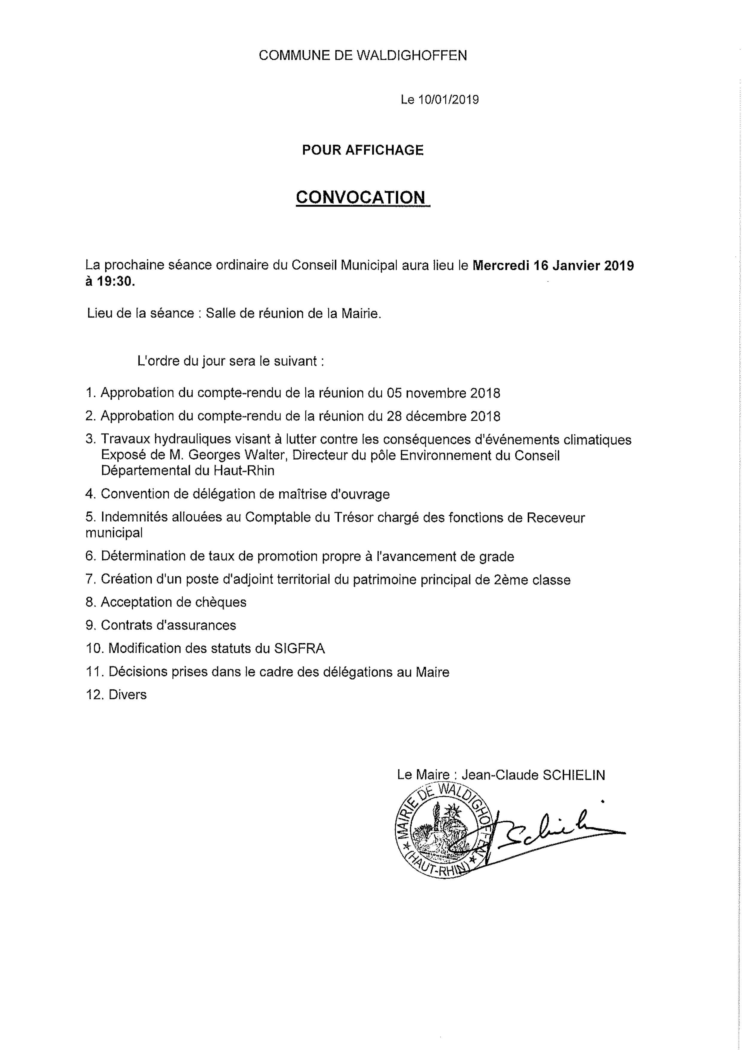 Convocation du Conseil Municipal le mercredi 16 janvier 2019