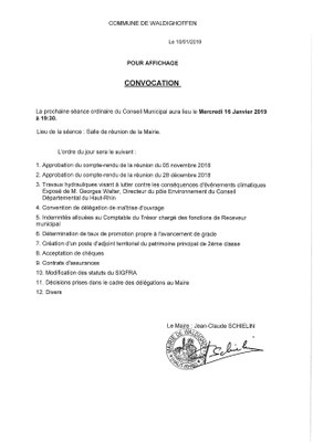 Convocation du Conseil Municipal le mercredi 16 janvier 2019