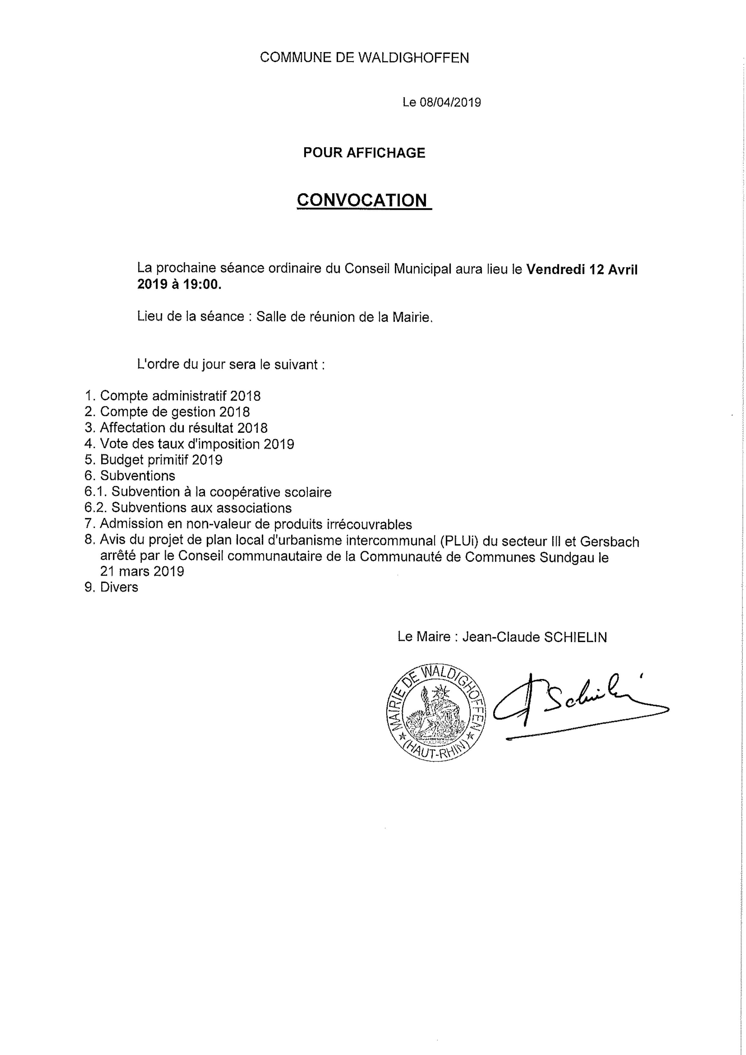 Convocation du Conseil Municipal le vendredi 12 avril 2019