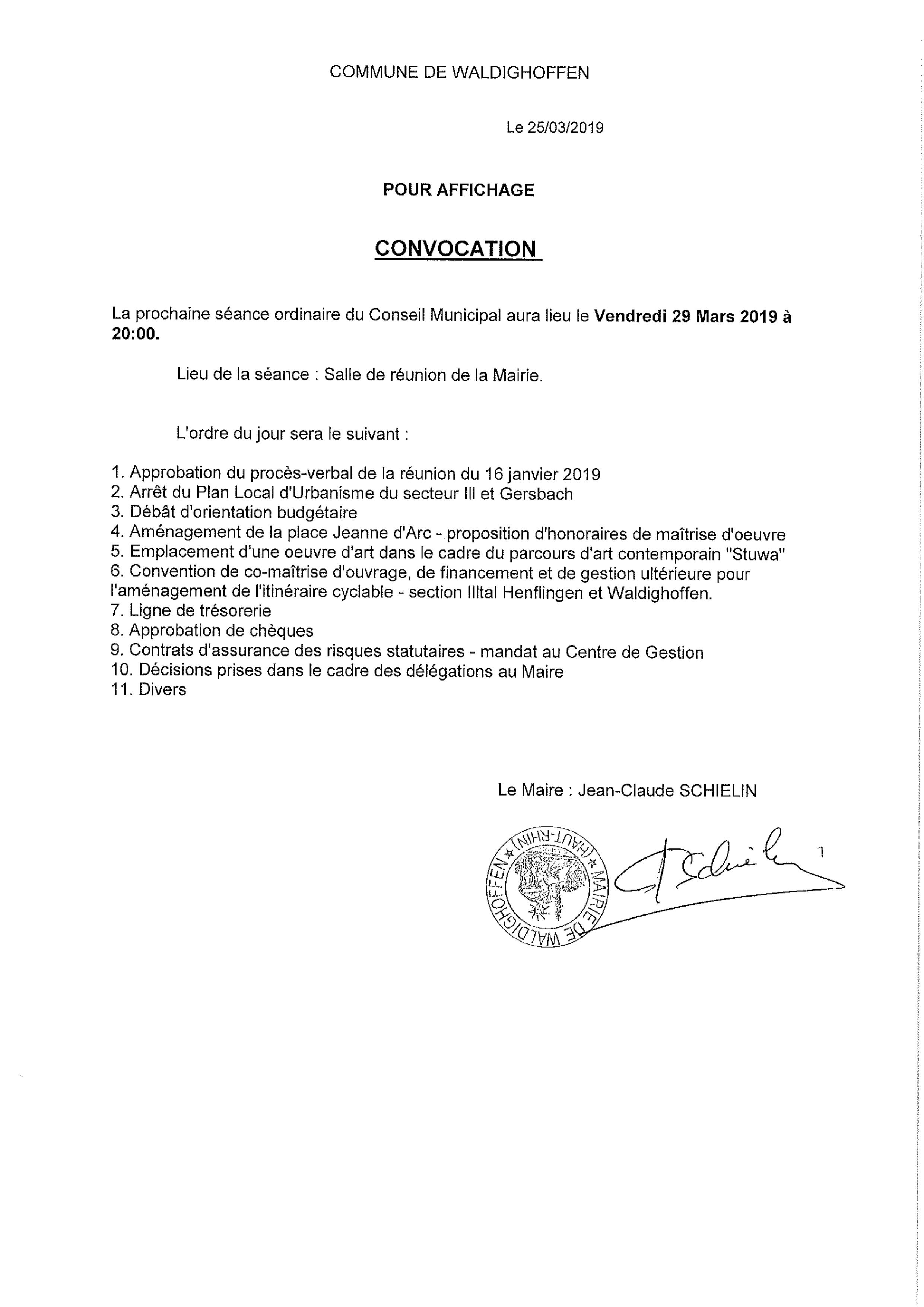 Convocation du Conseil Municipal le vendredi 29 mars 2019