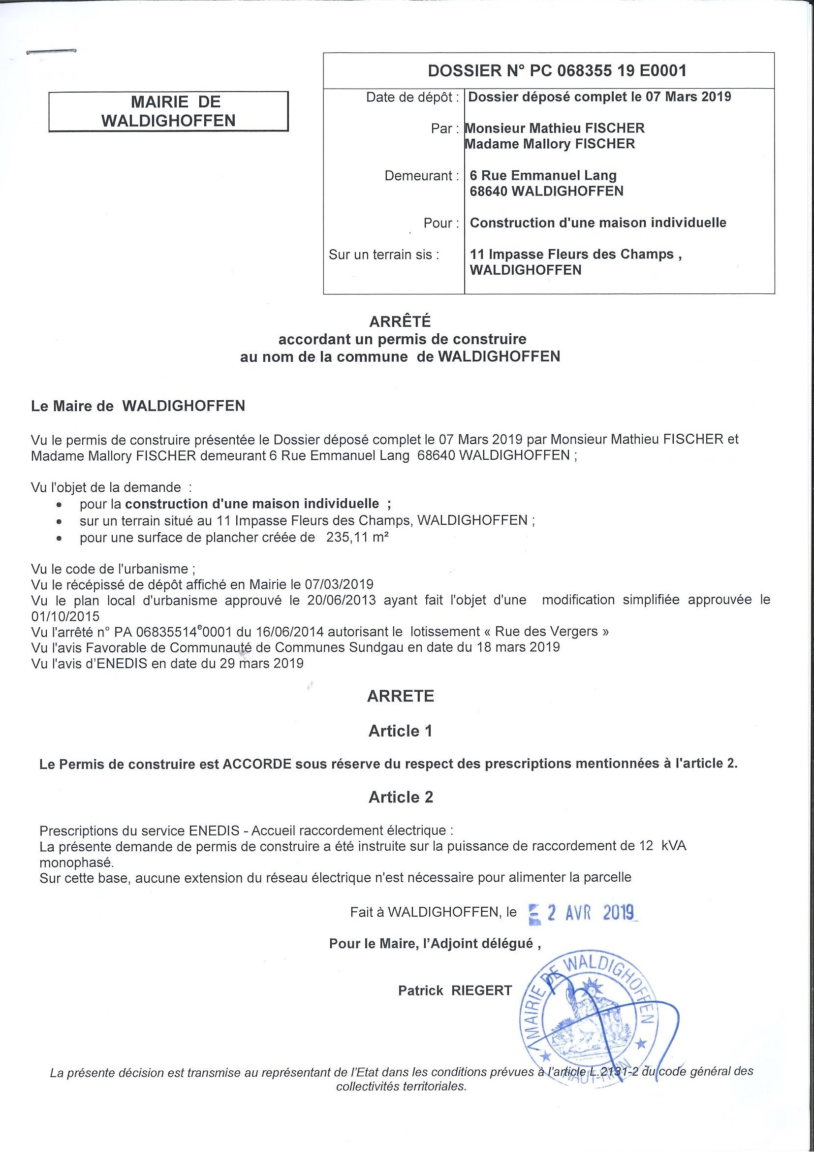 Décision à la demande de construire de M. et Mme Fischer Mathieu