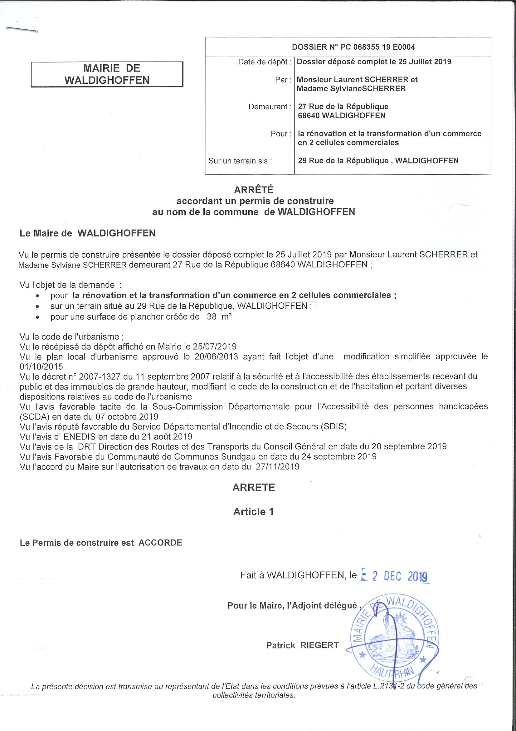 Décision à la demande de construire de M. et Mme Scherrer Laurent