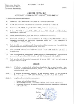 Arrêté autorisant l'organisation de l'expo-habitat