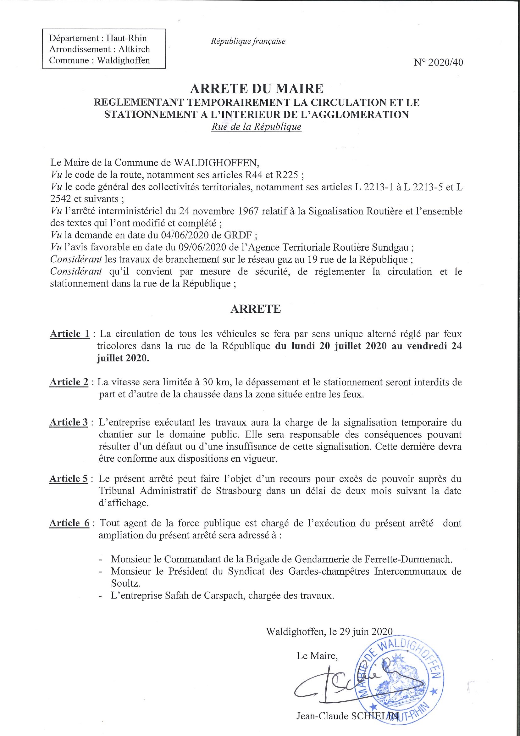 Arrêté de circulation - rue de la République