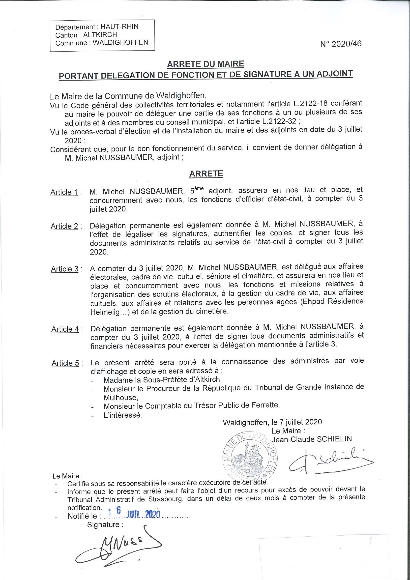 Arrêté du Maire : délégation pour M. NUSSBAUMER Michel